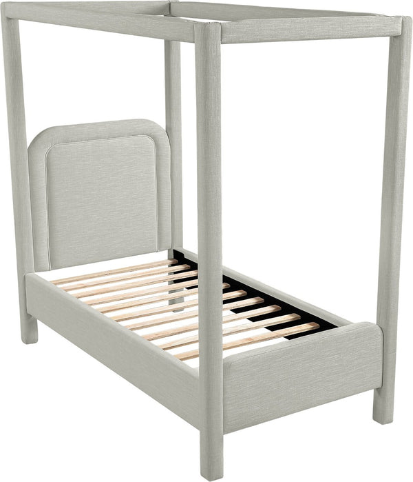 Meridian Furniture Salina Upholstered Twin Canopy Bed Sculptural Four Post Frame for Modern Bedroom Decor Grey Linen Textured Fabric B1294Grey-T