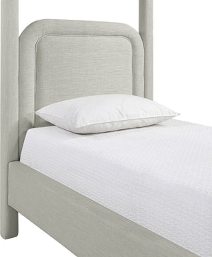 Meridian Furniture Salina Upholstered Twin Canopy Bed Sculptural Four Post Frame for Modern Bedroom Decor Grey Linen Textured Fabric B1294Grey-T