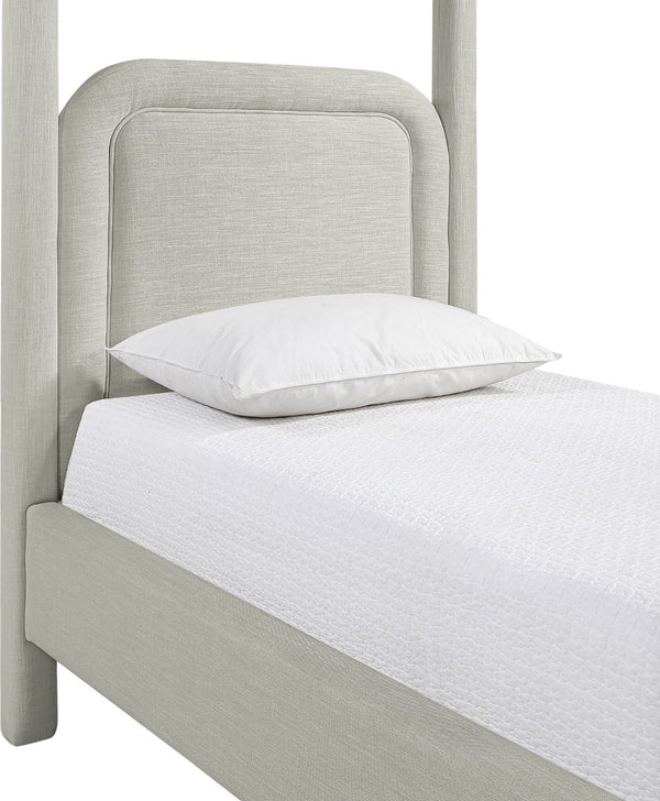 Meridian Furniture Salina Upholstered Twin Canopy Bed Sculptural Four Post Frame for Modern Bedroom Decor Grey Linen Textured Fabric B1294Grey-T