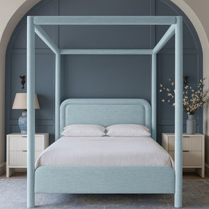 Meridian Furniture Salina Upholstered Canopy King Bed with Sculptural Four Post Frame for Modern Bedrooms Light Blue Linen Textured Fabric B1294LtBlu-K
