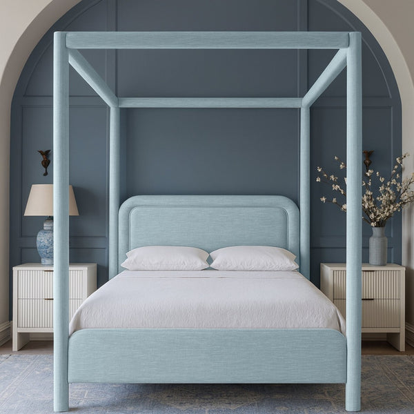Meridian Furniture Salina Upholstered Canopy King Bed with Sculptural Four Post Frame for Modern Bedrooms Light Blue Linen Textured Fabric B1294LtBlu-K