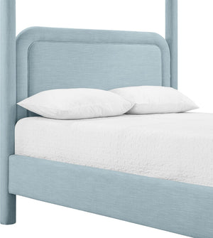 Meridian Furniture Salina Upholstered Canopy King Bed with Sculptural Four Post Frame for Modern Bedrooms Light Blue Linen Textured Fabric B1294LtBlu-K