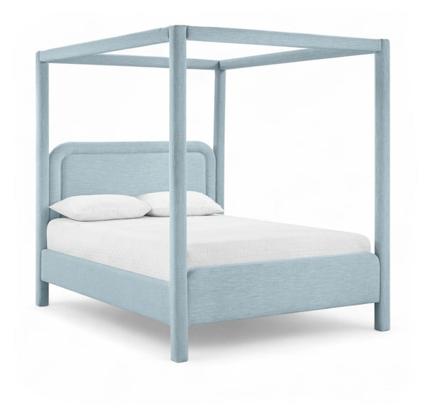 Meridian Furniture Salina Upholstered Canopy Queen Bed Four Post Sculptural Frame for Modern Bedrooms Light Blue Linen Textured Fabric B1294LtBlu-Q
