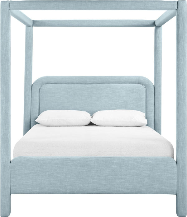 Meridian Furniture Salina Upholstered Canopy Queen Bed Four Post Sculptural Frame for Modern Bedrooms Light Blue Linen Textured Fabric B1294LtBlu-Q