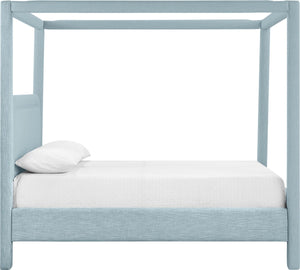 Meridian Furniture Salina Upholstered Canopy Queen Bed Four Post Sculptural Frame for Modern Bedrooms Light Blue Linen Textured Fabric B1294LtBlu-Q