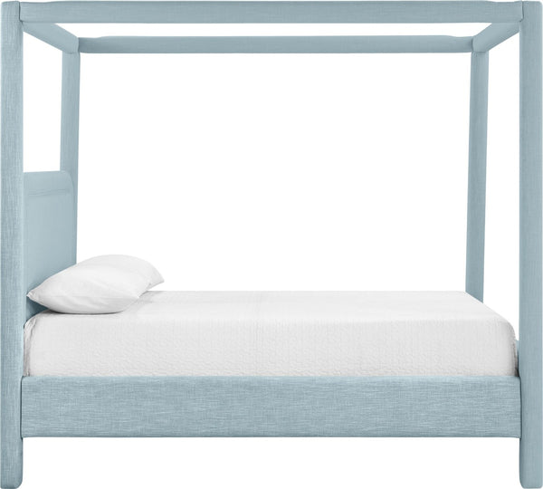 Meridian Furniture Salina Upholstered Canopy Queen Bed Four Post Sculptural Frame for Modern Bedrooms Light Blue Linen Textured Fabric B1294LtBlu-Q