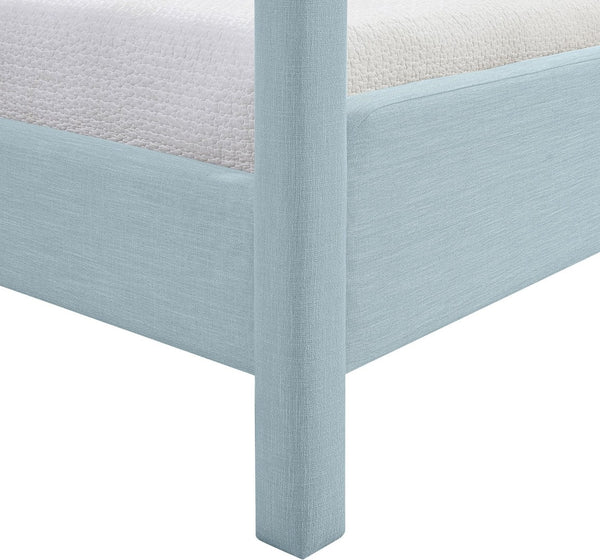 Meridian Furniture Salina Upholstered Canopy Queen Bed Four Post Sculptural Frame for Modern Bedrooms Light Blue Linen Textured Fabric B1294LtBlu-Q