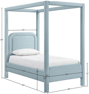 Meridian Furniture Salina Upholstered Twin Canopy Bed Sculptural Four Post Frame for Modern Bedroom Decor Light Blue Linen Textured Fabric B1294LtBlu-T