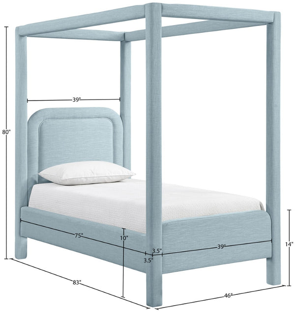 Meridian Furniture Salina Upholstered Twin Canopy Bed Sculptural Four Post Frame for Modern Bedroom Decor Light Blue Linen Textured Fabric B1294LtBlu-T