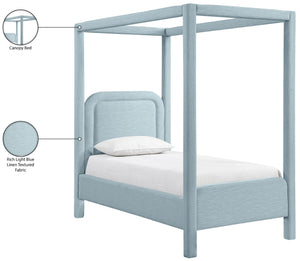 Meridian Furniture Salina Upholstered Twin Canopy Bed Sculptural Four Post Frame for Modern Bedroom Decor Light Blue Linen Textured Fabric B1294LtBlu-T