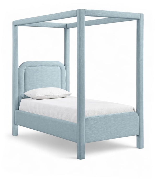 Meridian Furniture Salina Upholstered Twin Canopy Bed Sculptural Four Post Frame for Modern Bedroom Decor Light Blue Linen Textured Fabric B1294LtBlu-T