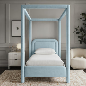 Meridian Furniture Salina Upholstered Twin Canopy Bed Sculptural Four Post Frame for Modern Bedroom Decor Light Blue Linen Textured Fabric B1294LtBlu-T