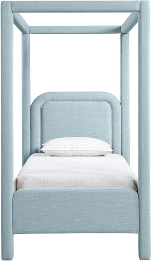 Meridian Furniture Salina Upholstered Twin Canopy Bed Sculptural Four Post Frame for Modern Bedroom Decor Light Blue Linen Textured Fabric B1294LtBlu-T