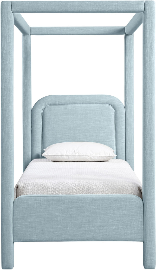 Meridian Furniture Salina Upholstered Twin Canopy Bed Sculptural Four Post Frame for Modern Bedroom Decor Light Blue Linen Textured Fabric B1294LtBlu-T