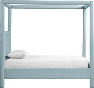 Meridian Furniture Salina Upholstered Twin Canopy Bed Sculptural Four Post Frame for Modern Bedroom Decor Light Blue Linen Textured Fabric B1294LtBlu-T