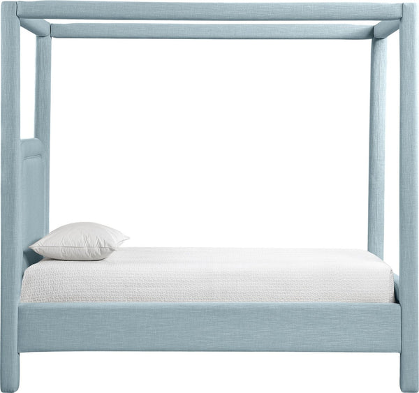 Meridian Furniture Salina Upholstered Twin Canopy Bed Sculptural Four Post Frame for Modern Bedroom Decor Light Blue Linen Textured Fabric B1294LtBlu-T
