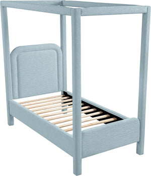 Meridian Furniture Salina Upholstered Twin Canopy Bed Sculptural Four Post Frame for Modern Bedroom Decor Light Blue Linen Textured Fabric B1294LtBlu-T