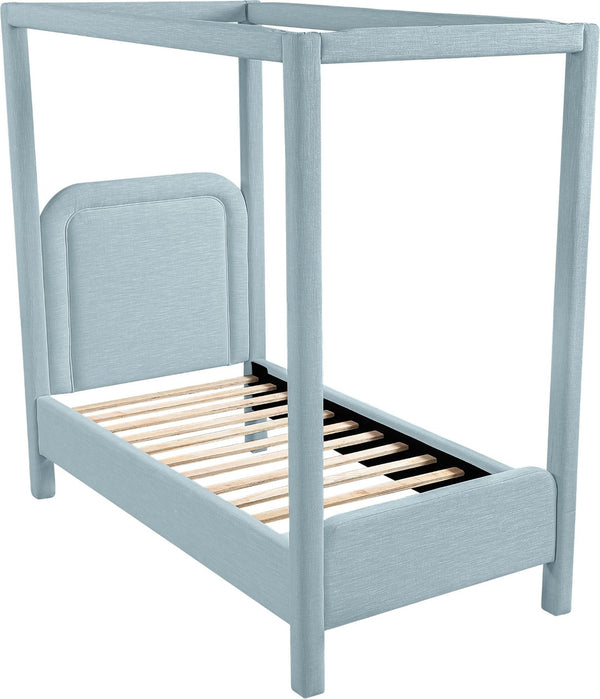 Meridian Furniture Salina Upholstered Twin Canopy Bed Sculptural Four Post Frame for Modern Bedroom Decor Light Blue Linen Textured Fabric B1294LtBlu-T