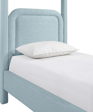 Meridian Furniture Salina Upholstered Twin Canopy Bed Sculptural Four Post Frame for Modern Bedroom Decor Light Blue Linen Textured Fabric B1294LtBlu-T