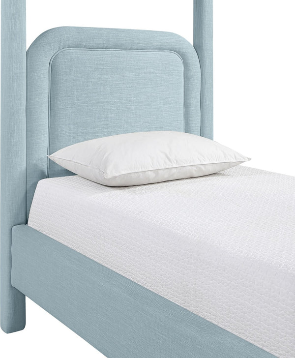 Meridian Furniture Salina Upholstered Twin Canopy Bed Sculptural Four Post Frame for Modern Bedroom Decor Light Blue Linen Textured Fabric B1294LtBlu-T