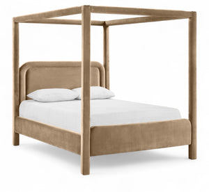 Meridian Furniture Salina Upholstered Canopy Full Bed Sculptural Frame for Modern and Contemporary Bedrooms Beige Velvet B1295Beige-F