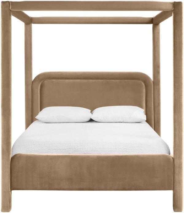 Meridian Furniture Salina Upholstered Canopy King Bed with Sculptural Four Post Frame for Modern Bedrooms Beige Velvet B1295Beige-K