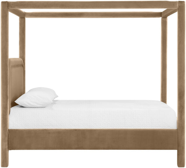 Meridian Furniture Salina Upholstered Canopy King Bed with Sculptural Four Post Frame for Modern Bedrooms Beige Velvet B1295Beige-K
