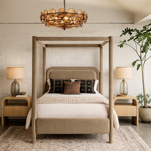 Meridian Furniture Salina Upholstered Canopy Queen Bed Four Post Sculptural Frame for Modern Bedrooms Beige Velvet B1295Beige-Q