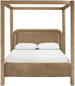 Meridian Furniture Salina Upholstered Canopy Queen Bed Four Post Sculptural Frame for Modern Bedrooms Beige Velvet B1295Beige-Q