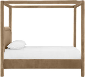 Meridian Furniture Salina Upholstered Canopy Queen Bed Four Post Sculptural Frame for Modern Bedrooms Beige Velvet B1295Beige-Q