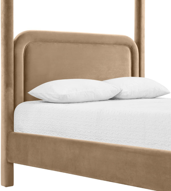 Meridian Furniture Salina Upholstered Canopy Queen Bed Four Post Sculptural Frame for Modern Bedrooms Beige Velvet B1295Beige-Q