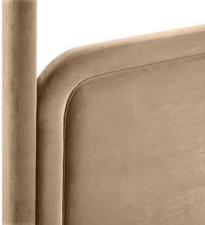 Meridian Furniture Salina Upholstered Canopy Queen Bed Four Post Sculptural Frame for Modern Bedrooms Beige Velvet B1295Beige-Q