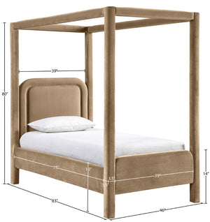 Meridian Furniture Salina Upholstered Twin Canopy Bed Sculptural Four Post Frame for Modern Bedroom Decor Beige Velvet B1295Beige-T