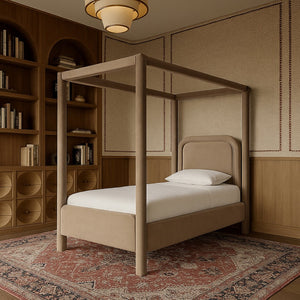 Meridian Furniture Salina Upholstered Twin Canopy Bed Sculptural Four Post Frame for Modern Bedroom Decor Beige Velvet B1295Beige-T