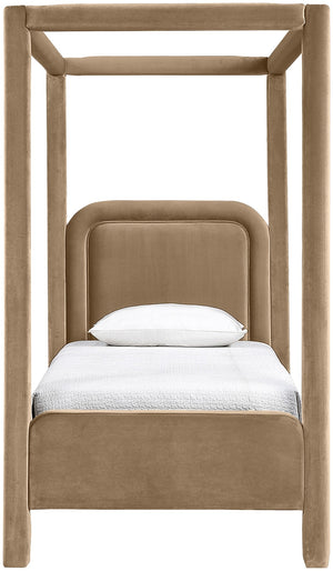 Meridian Furniture Salina Upholstered Twin Canopy Bed Sculptural Four Post Frame for Modern Bedroom Decor Beige Velvet B1295Beige-T