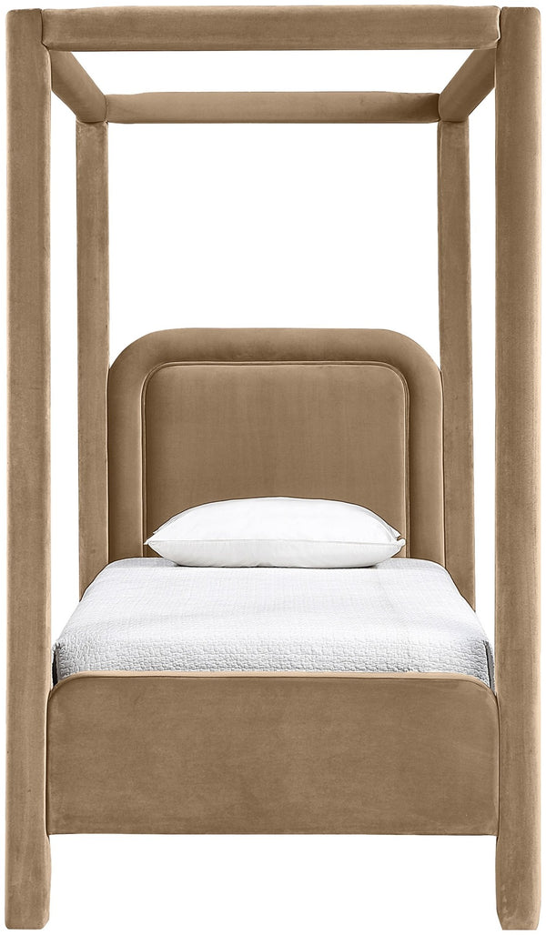Meridian Furniture Salina Upholstered Twin Canopy Bed Sculptural Four Post Frame for Modern Bedroom Decor Beige Velvet B1295Beige-T