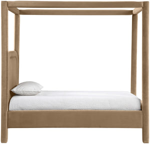 Meridian Furniture Salina Upholstered Twin Canopy Bed Sculptural Four Post Frame for Modern Bedroom Decor Beige Velvet B1295Beige-T