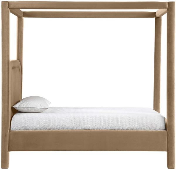 Meridian Furniture Salina Upholstered Twin Canopy Bed Sculptural Four Post Frame for Modern Bedroom Decor Beige Velvet B1295Beige-T