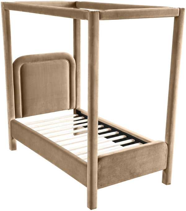 Meridian Furniture Salina Upholstered Twin Canopy Bed Sculptural Four Post Frame for Modern Bedroom Decor Beige Velvet B1295Beige-T