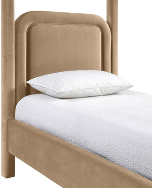Meridian Furniture Salina Upholstered Twin Canopy Bed Sculptural Four Post Frame for Modern Bedroom Decor Beige Velvet B1295Beige-T