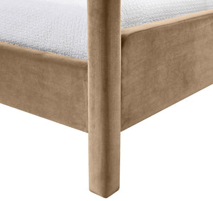 Meridian Furniture Salina Upholstered Twin Canopy Bed Sculptural Four Post Frame for Modern Bedroom Decor Beige Velvet B1295Beige-T