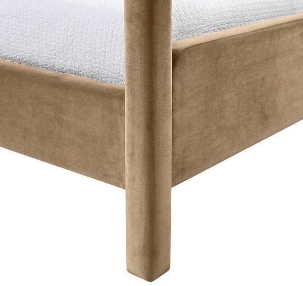 Meridian Furniture Salina Upholstered Twin Canopy Bed Sculptural Four Post Frame for Modern Bedroom Decor Beige Velvet B1295Beige-T