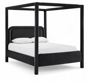 Meridian Furniture Salina Upholstered Canopy Queen Bed Four Post Sculptural Frame for Modern Bedrooms Black Velvet B1295Black-Q
