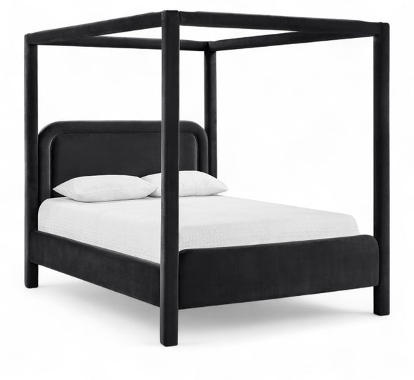 Meridian Furniture Salina Upholstered Canopy Queen Bed Four Post Sculptural Frame for Modern Bedrooms Black Velvet B1295Black-Q