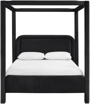Meridian Furniture Salina Upholstered Canopy Queen Bed Four Post Sculptural Frame for Modern Bedrooms Black Velvet B1295Black-Q