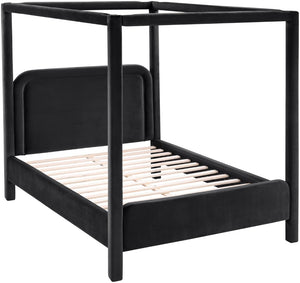 Meridian Furniture Salina Upholstered Canopy Queen Bed Four Post Sculptural Frame for Modern Bedrooms Black Velvet B1295Black-Q