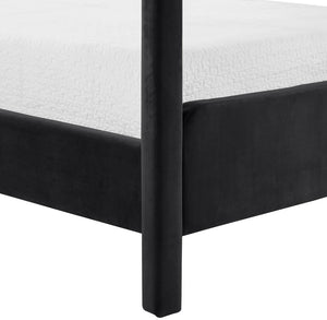 Meridian Furniture Salina Upholstered Canopy Queen Bed Four Post Sculptural Frame for Modern Bedrooms Black Velvet B1295Black-Q