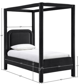 Meridian Furniture Salina Upholstered Twin Canopy Bed Sculptural Four Post Frame for Modern Bedroom Decor Black Velvet B1295Black-T