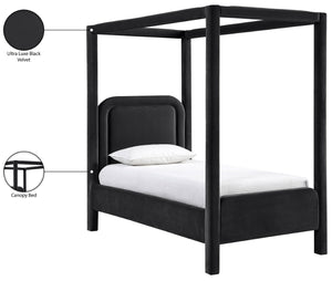 Meridian Furniture Salina Upholstered Twin Canopy Bed Sculptural Four Post Frame for Modern Bedroom Decor Black Velvet B1295Black-T