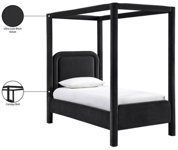 Meridian Furniture Salina Upholstered Twin Canopy Bed Sculptural Four Post Frame for Modern Bedroom Decor Black Velvet B1295Black-T
